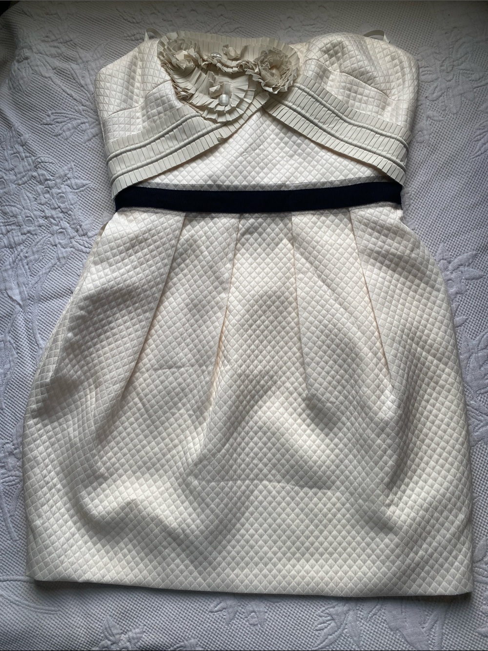 BCBGMaxAzria Ivory Strapless Quilted Dress with Black Waistband